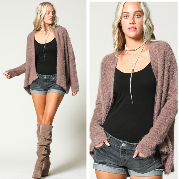 Mocha Fuzzy Open Front Cardigan Sweater - Picture 2 of 4